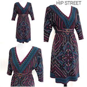 CANDIES Dolman Sleeve High Waist Metal Stud V Neck Boho Print Stretch Dress S